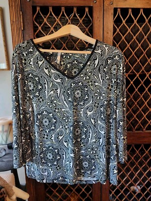  EUC White Stag Women Top XL Black Metallic Gold Paisley Floral L/S Stretch