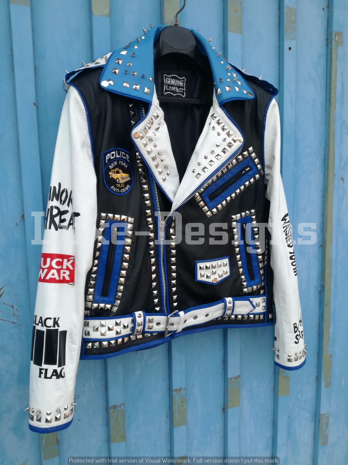 Pre-owned Handmade Men's Punk Wasted Youth Exploited Spiked Studded Logos Biker Leather Jacket In Black
