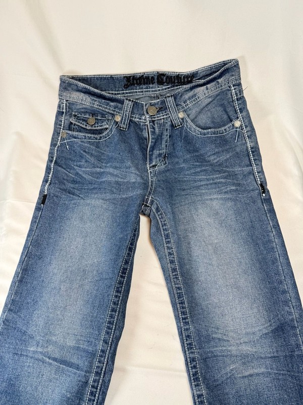 Xtreme Couture Mens Blue Distressed Embroidered Flap Pocket Denim Jeans W28 X