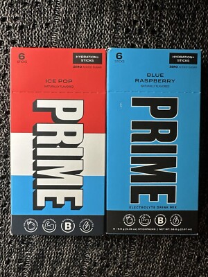 2x Prime Hydration + Sticks Ice Pop And Blue Raspberry Flavor 6 Sticks Each