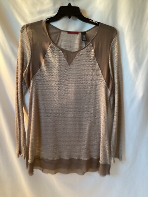 Red By Bke Womens Tan Blouse Top Shirt LS Sheer High Low Knit Blouse Shirt Sz L