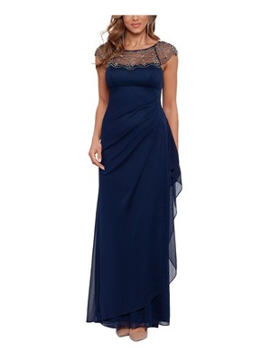 XSCAPE Womens Navy Cascading Ruffl Cap Sleeve Full-Length Sheath Dress 14