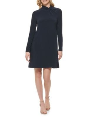 TOMMY HILFIGER Womens Navy Twist Neck Long Sleeve Above The Knee Shift Dress 12