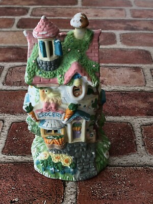 Vintage 90s Hand Painted Ceramic Easter Village Bunny Rabbit Egg House GROCERY