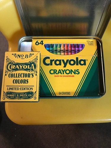 Crayola CRAYONS 64 Built-In Sharpener 1990 Vintage Unused Box + Collector's Tin