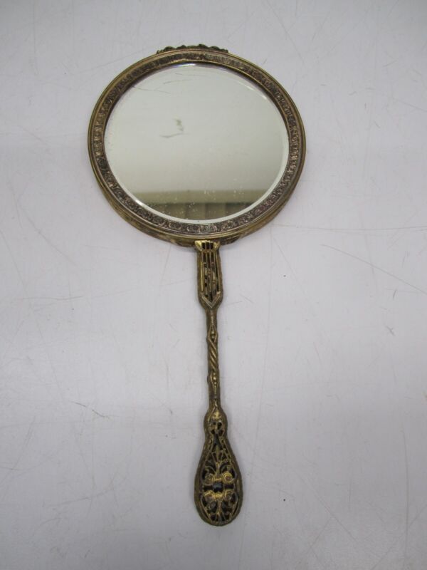 Antique Vtg Handheld Vanity Mirror Gold Tone Brass Metal Filigree Signed Apollo