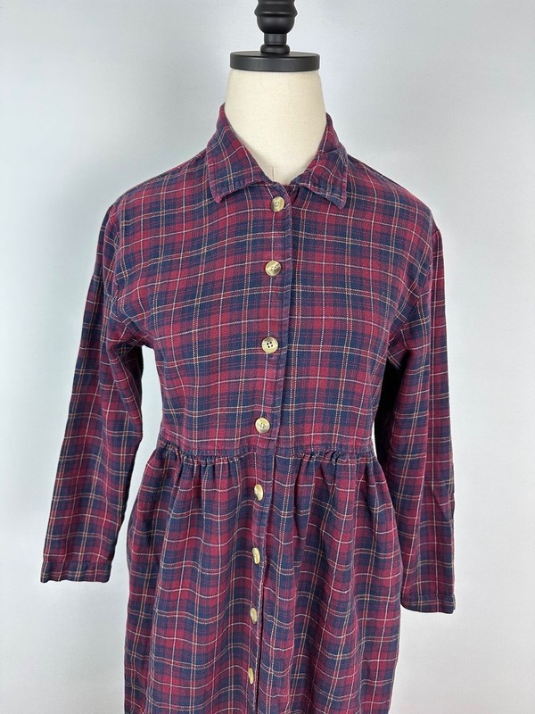 VTG 90s Burgundy Plaid Flannel Midi Dress XS Shirt Dress Pockets Grunge FLAWS
