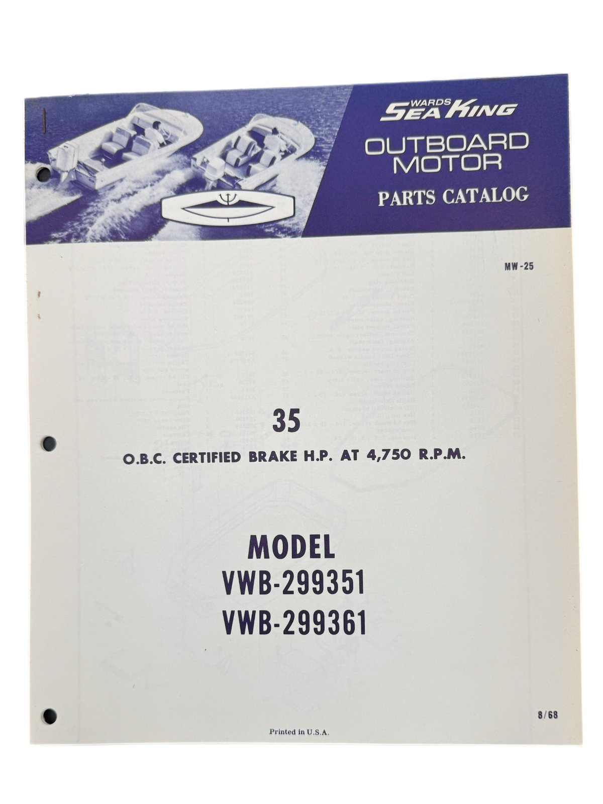 8/68 Wards Sea King 35 HP Model VWB-299351, 299361  Parts Catalog MW 25