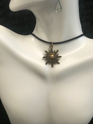 Sun charm necklace, Sun choker, Black cord necklace, Black choker, Sun charm 