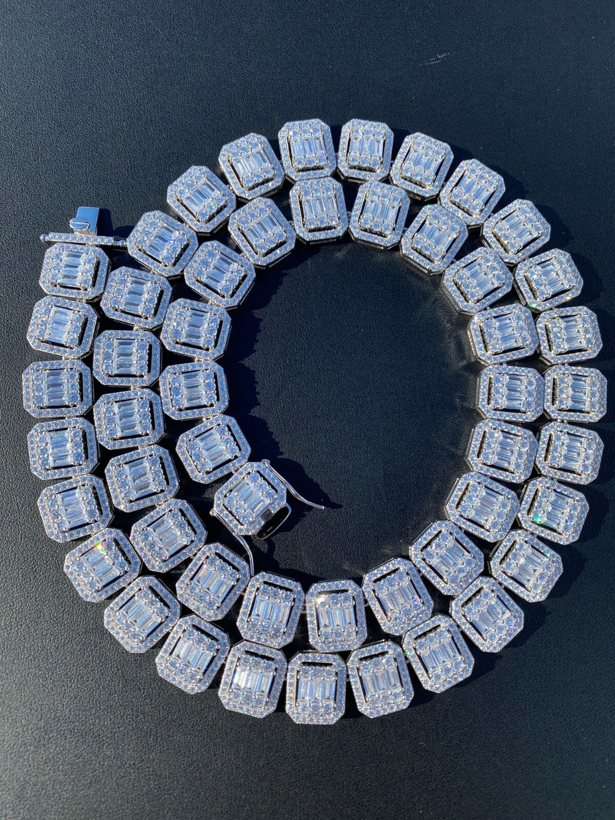 Pre-owned Silver Real 925 Sterling  Big Baguette Link Chain 15mm Men's Cz Necklace Choker