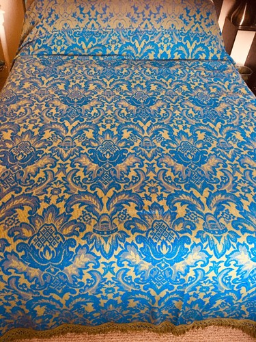 VTG BATES Tapestry BEDSPREAD Floral Double Bed Cotton w/ Macrame Fringe