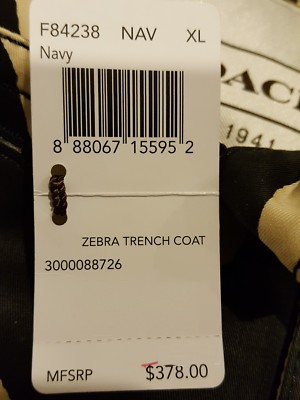 Pre-owned Coach F84238 Navy/beige Zebra Signature Belted Doublebreasted Trench Coat $378 In Blue