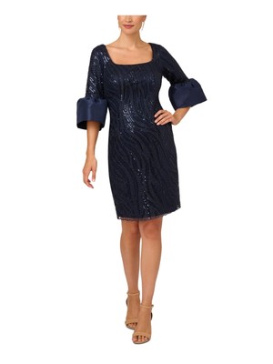 ADRIANNA PAPELL Womens Navy Lined Bell Sleeve Above The Knee Sheath Dress 14
