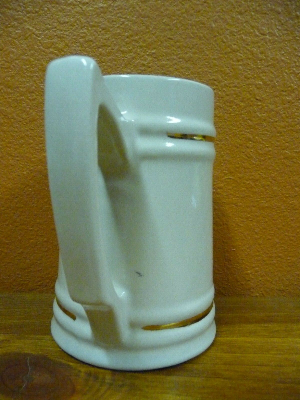 Off White Ceramic Beer Mug Stein With Hand Painted Gold Bands Holds 20 Ounces