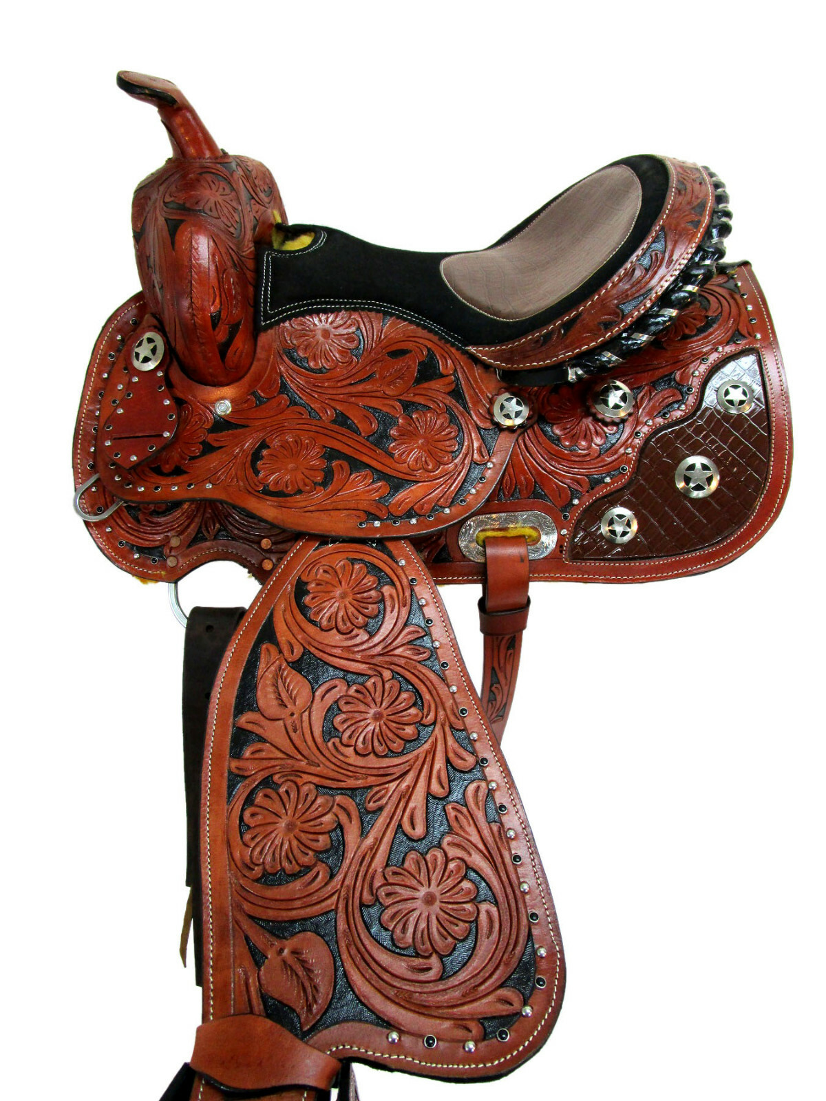 TRAIL SADDLE DEEP SEAT WESTERN HORSE TOOLED LEATHER SHOW PLEASURE TACK 15 16 17