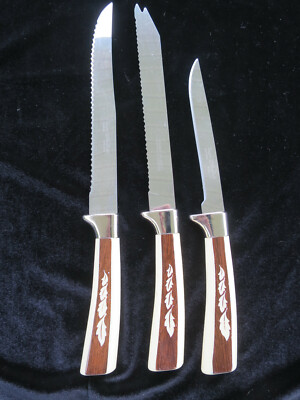 NEW Vintage 3 Regent Sheffield Stainless Knives Brown Woodgrain look with leafs