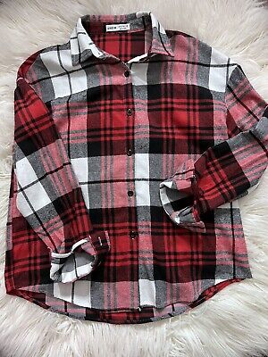   Girls SHEIN Red, White, Black Button Up Long Sleeve Flannel Top Size 10  