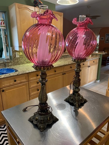 Pair Of Fenton Rose Pink Cranberry Color Lamp Brass Antique 33 Inch