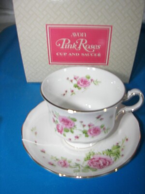 New in Box Avon 1974 Pink Roses Fine Bone China Cup and CRACKED Saucer BROKEN