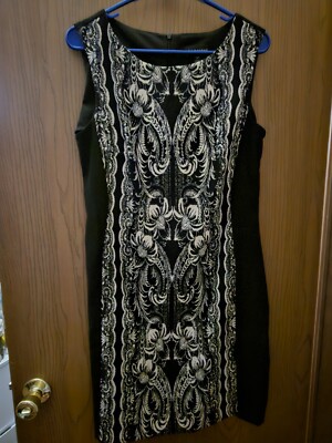 Connected Apparel Black/Beige Sleeveless Sheath Dress Knee Length 10 Petite