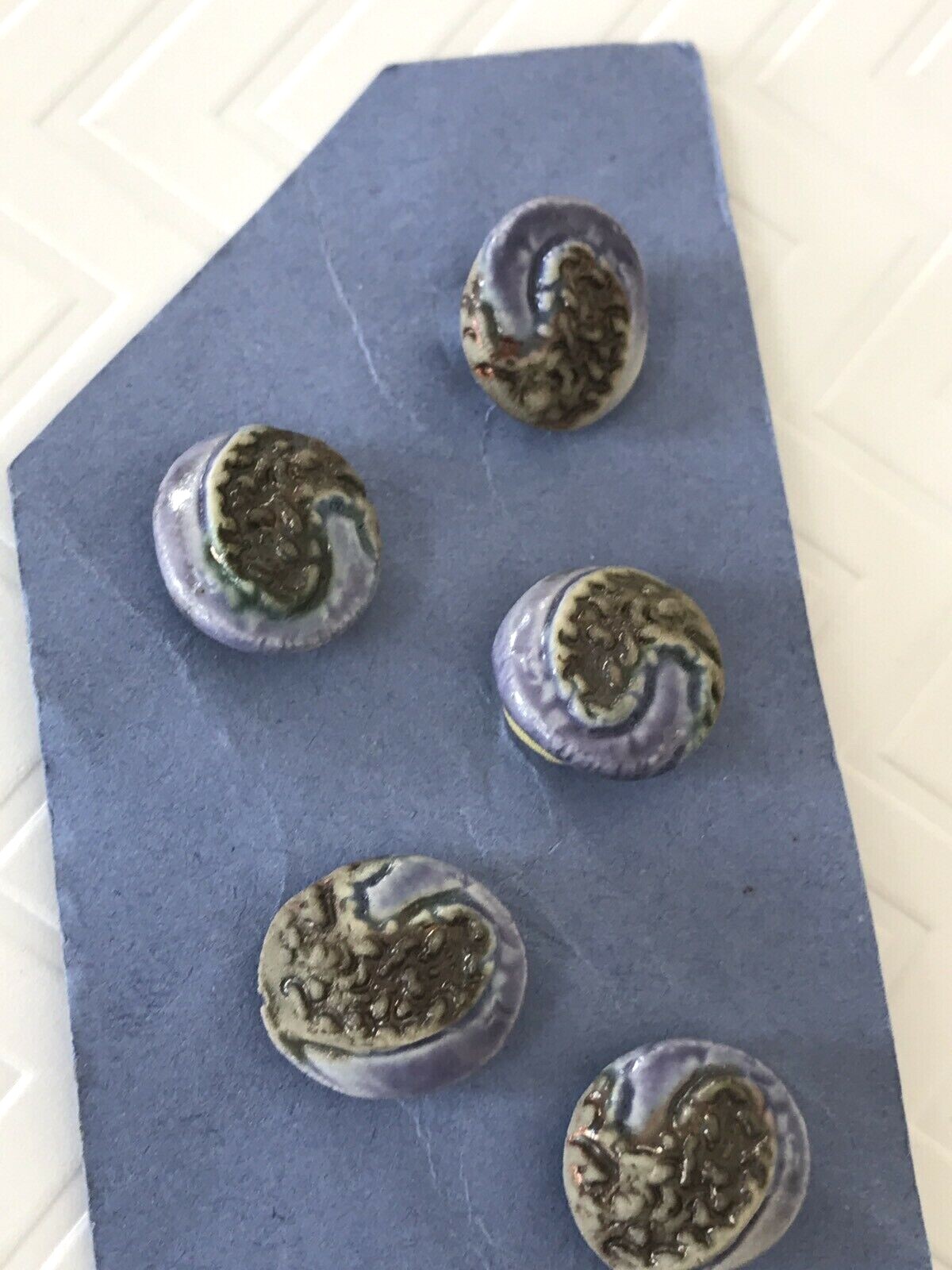 7 VTG Paisley Shank Buttons Ceramic Periwinkle Blue Purple 5/8 Inch Clay Unused