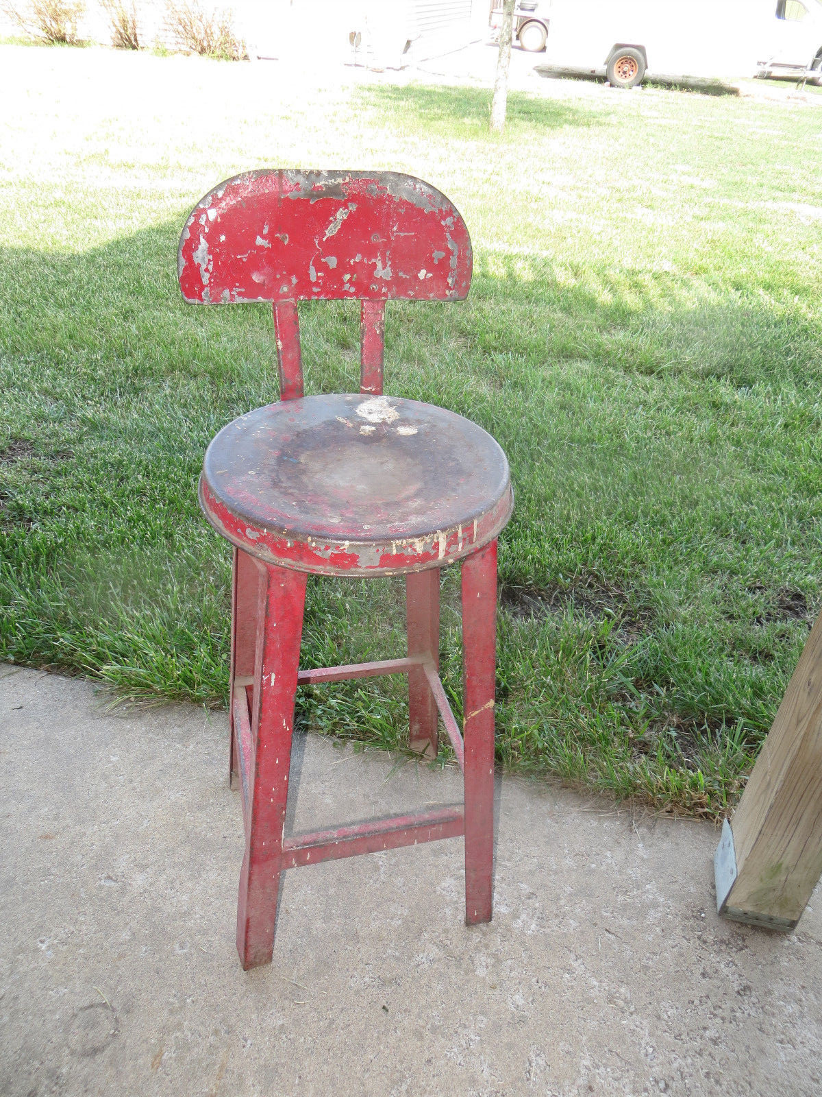 Vintage Antique Metal Kitchen Stool w/Back - Red - Primitive - 1940's - 1950's