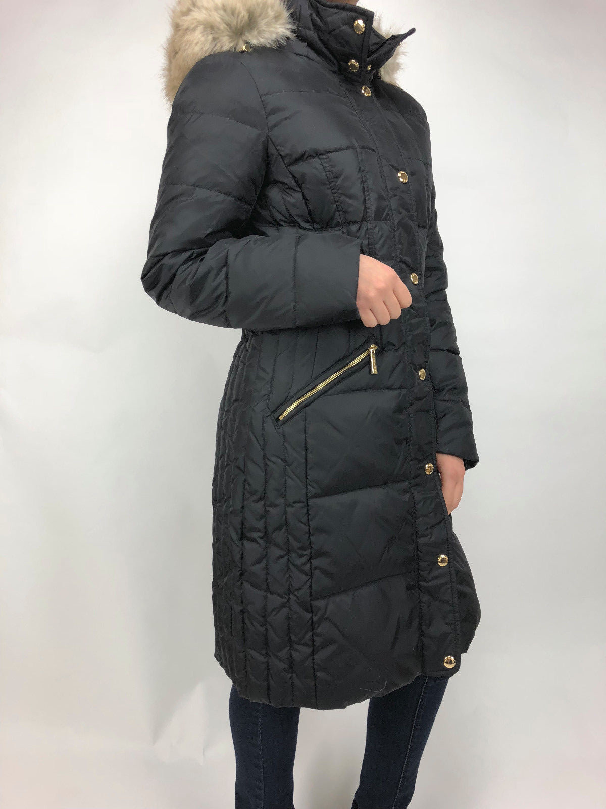 Pre-owned Michael Kors Womens  Down Puffer Jacket Bubble Coat Black Gold Faux Fur Trim Hood