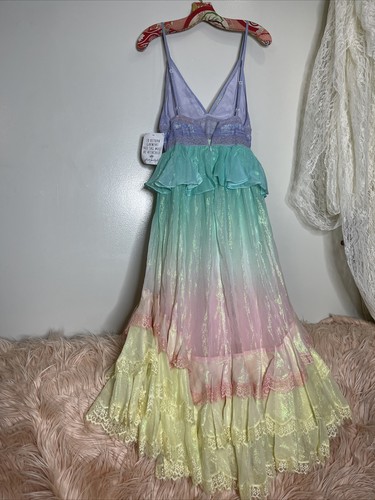 Pre-owned Free People Rococo Sand Emi Long Metallic Ombre Lace Trim Peplum Dress S In Pastels