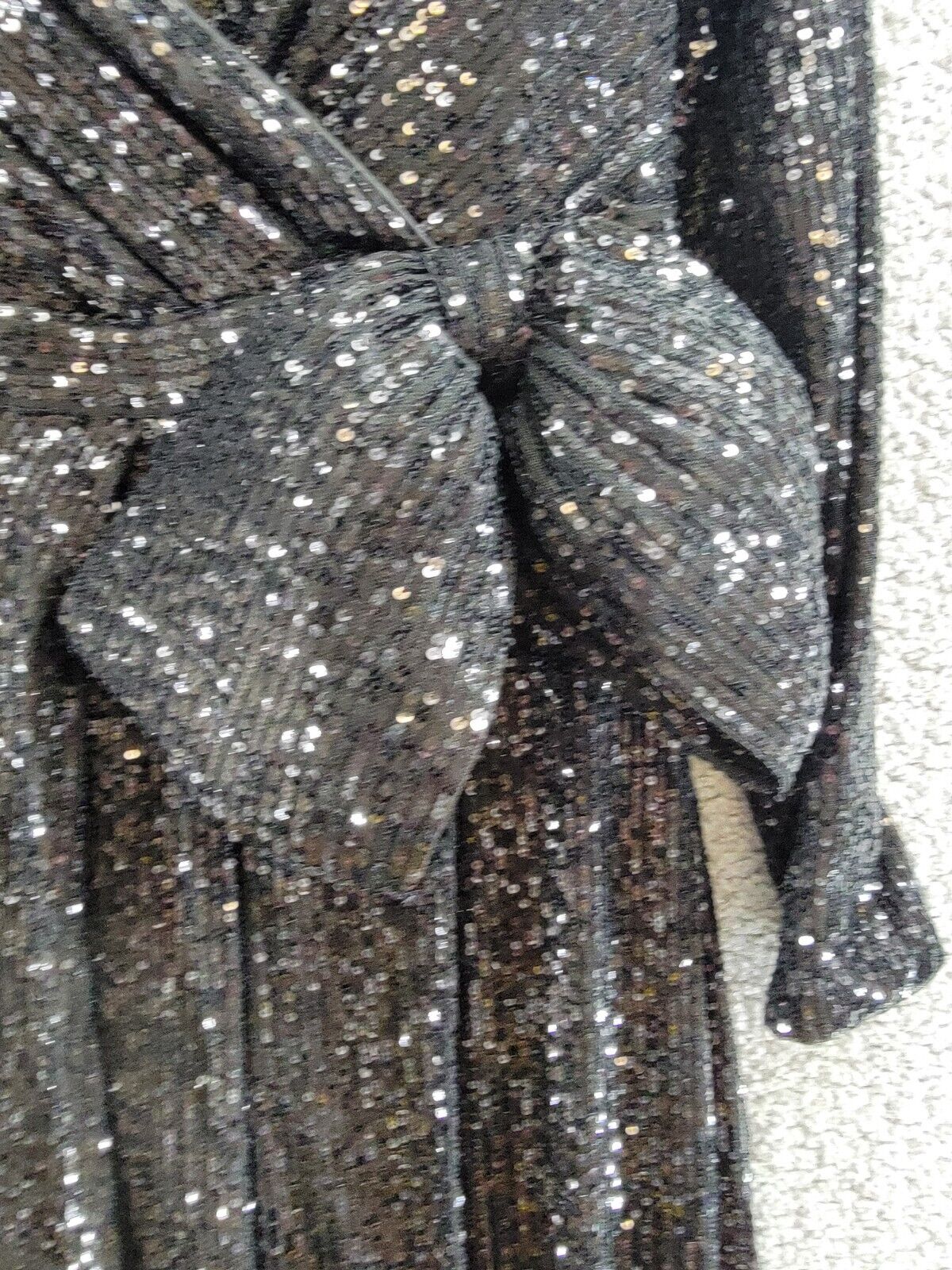 Eliza J Sequined Wrap Gown Women's 4 Black Side Bow Crossover V-Neck Back Zip - Picture 8 of 15