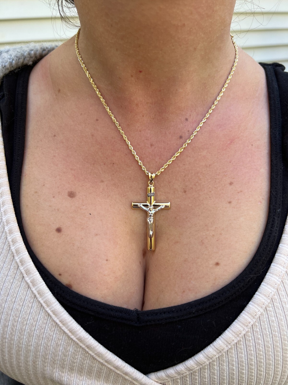 Pre-owned Harlembling Large 1.85" Real 14k Yellow & White Gold Cross Jesus Crucifix Pendant Necklace