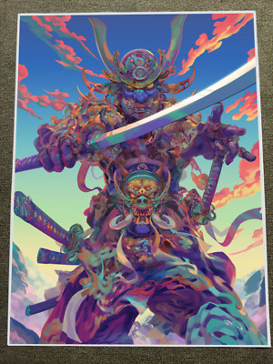 Epic Samurai Warrior Battle Stance Katana Sword Fiery Background Poster 18x24in