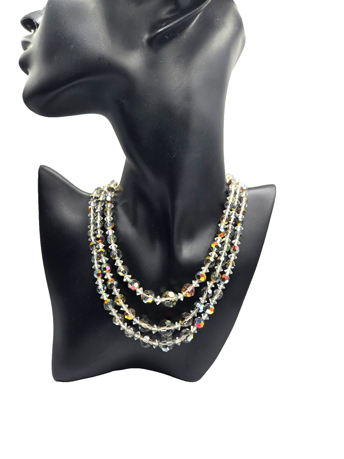 Vintage CORO signed triple strand crystal aurora borealis necklace signed