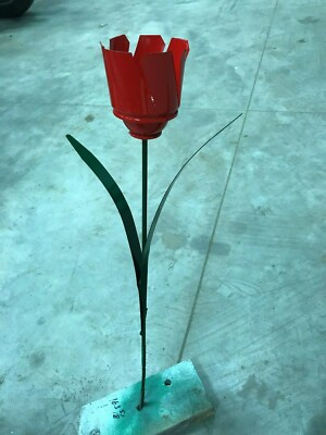 All recycled metal flower red tulip garden stake yard art lawn ornament 22'' tall