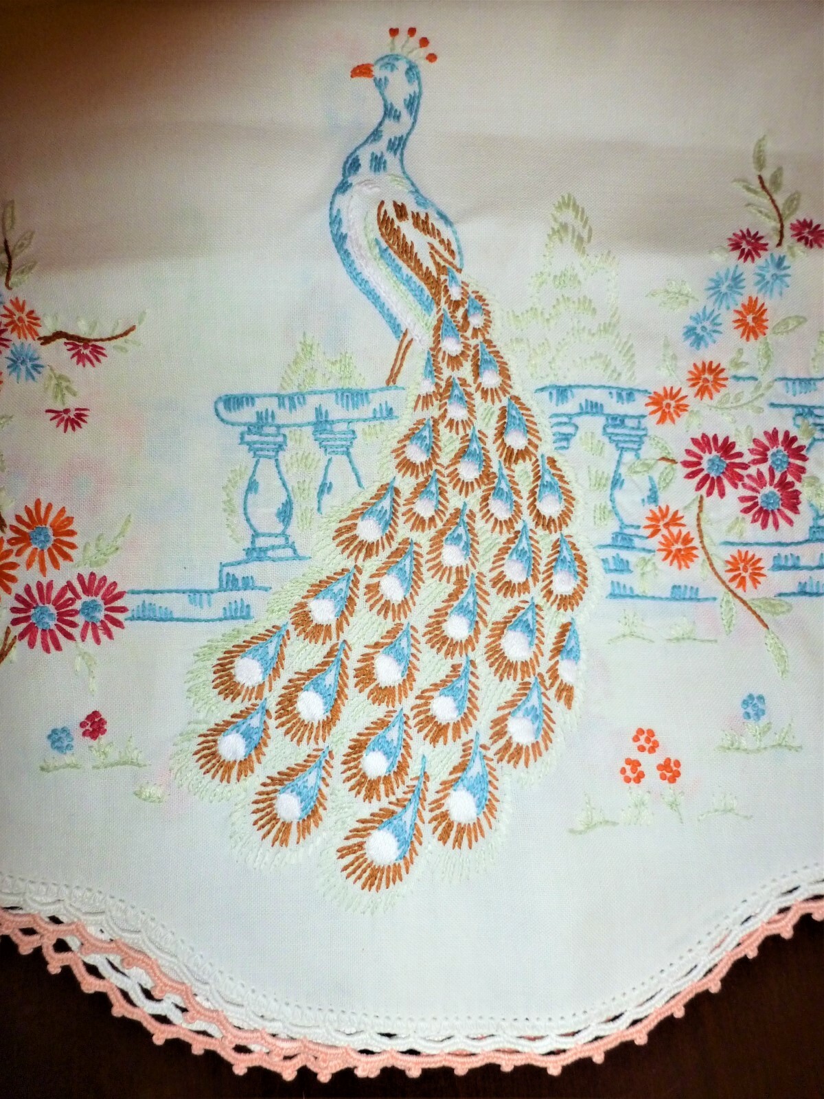 VINTAGE PAIR DRESSER SCARVES EMBROIDERED CROCHETED COLORFUL PEACOCKS Pristine