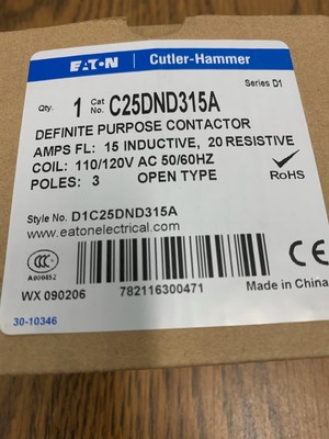 EATON C25DND315A ''Brand New'' 3P 15A 600V 120V Coil ''UL''