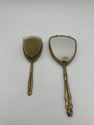Vintage Globe Vanity Hand Mirror & Brush Set 24K Gold Plated Birds, Read!!!!