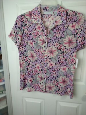 Sag Harbor Woman S blouse Purple Floral V Neck Button Semi Sheer