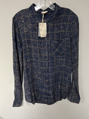 Hem & Thread Women's Plaid Navy Khaki Button Up Shirt Size Medium NWT NEW