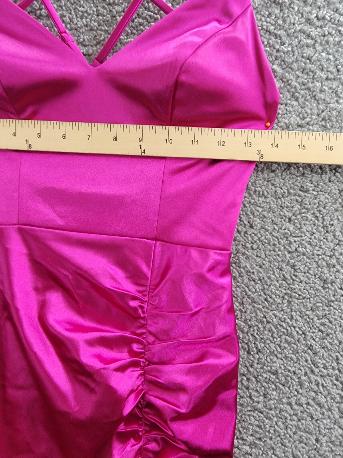 City Studio Satin Cross-Strap Mesh Embellished Back Gown Juniors 3/4 Deep Orchid - Picture 5 of 16
