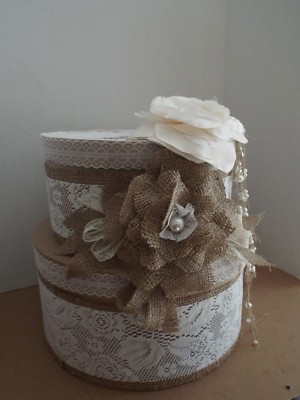Chic Wedding Money Box Burlap, Lace Handmade for Elegant bride 50 cards