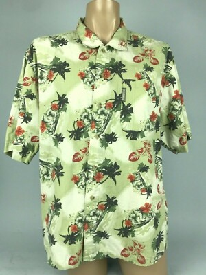 Columbia Mens MEDIUM Green Short Sleeve Hawaiian Floral Hibiscus Casual Shirt