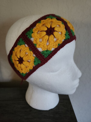CROCHET HEADBAND WRAP HOBO HIPPIE RETRO PATCHWORK Burgundy Yellow NEW