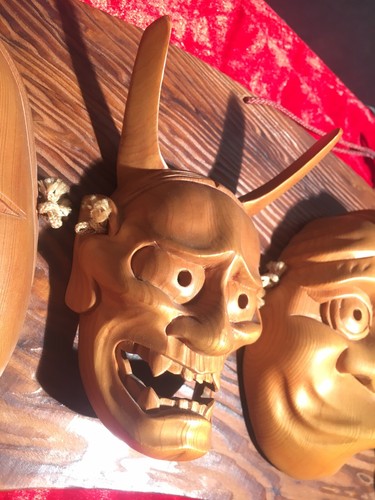 Vintage Japanese Wooden Noh Theatre Mask Set Of 5