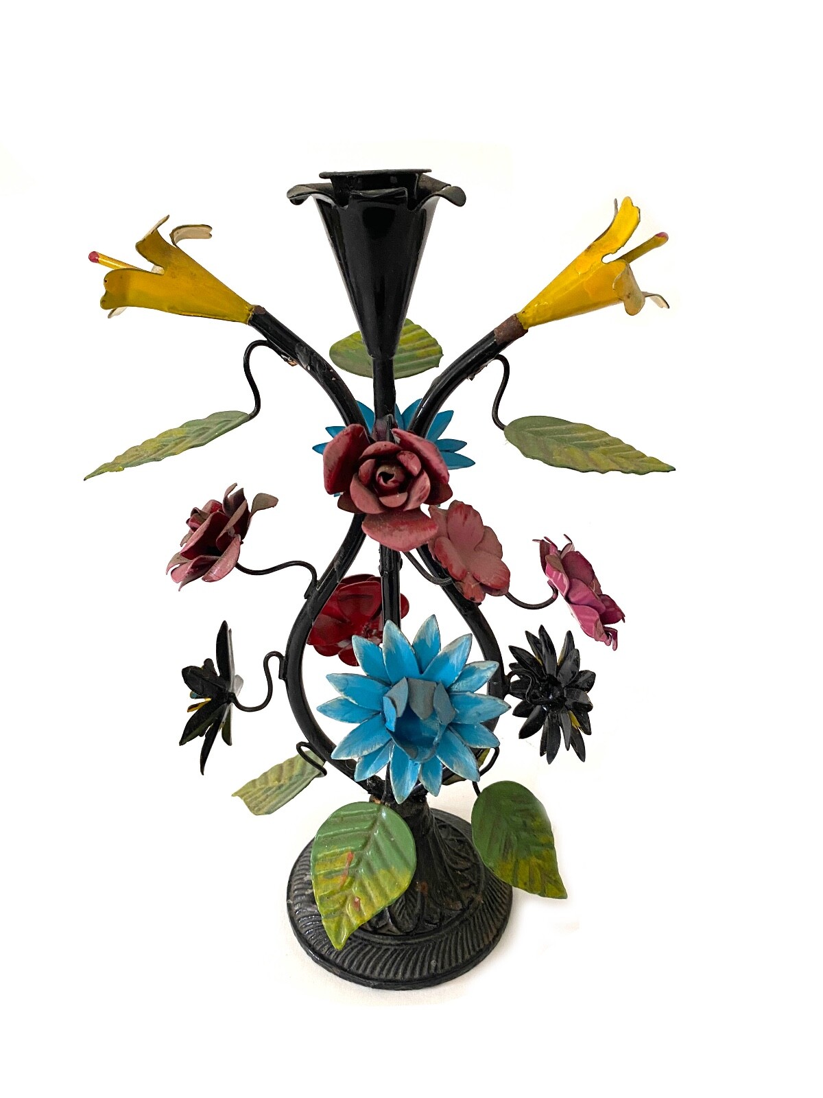 Vintage Multi-Color Metal Tole Flower Candle Holder
