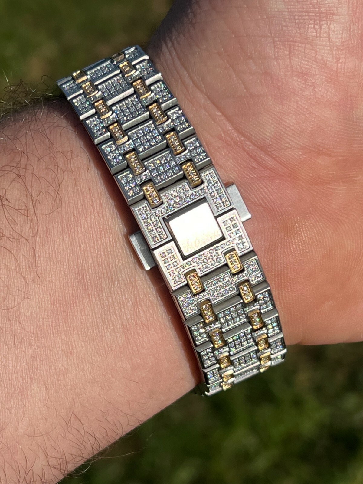 Pre-owned Hip Hop Real Mens Watch Iced Bust Down Skeleton Back Automatic Gold Two Tone 44mm Hiphop