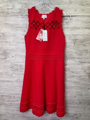 Milly Dress Medium  Womens Red Knit Sleeveless Chain Link Flare Detail