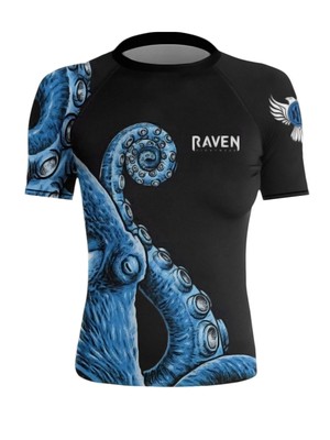Raven Fightwear Women's Kraken Octopus BJJ Rash Guard Short Sleeve MMA Black/Bl