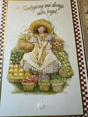Vtg Unused Thanksgiving Day Card Holly Hobbie Fruit Baskets W/ Env