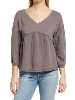 

LUCKY BRAND Женский серый текстурированный топ свободного кроя с рукавами 3/4 и V-образным вырезом и баской