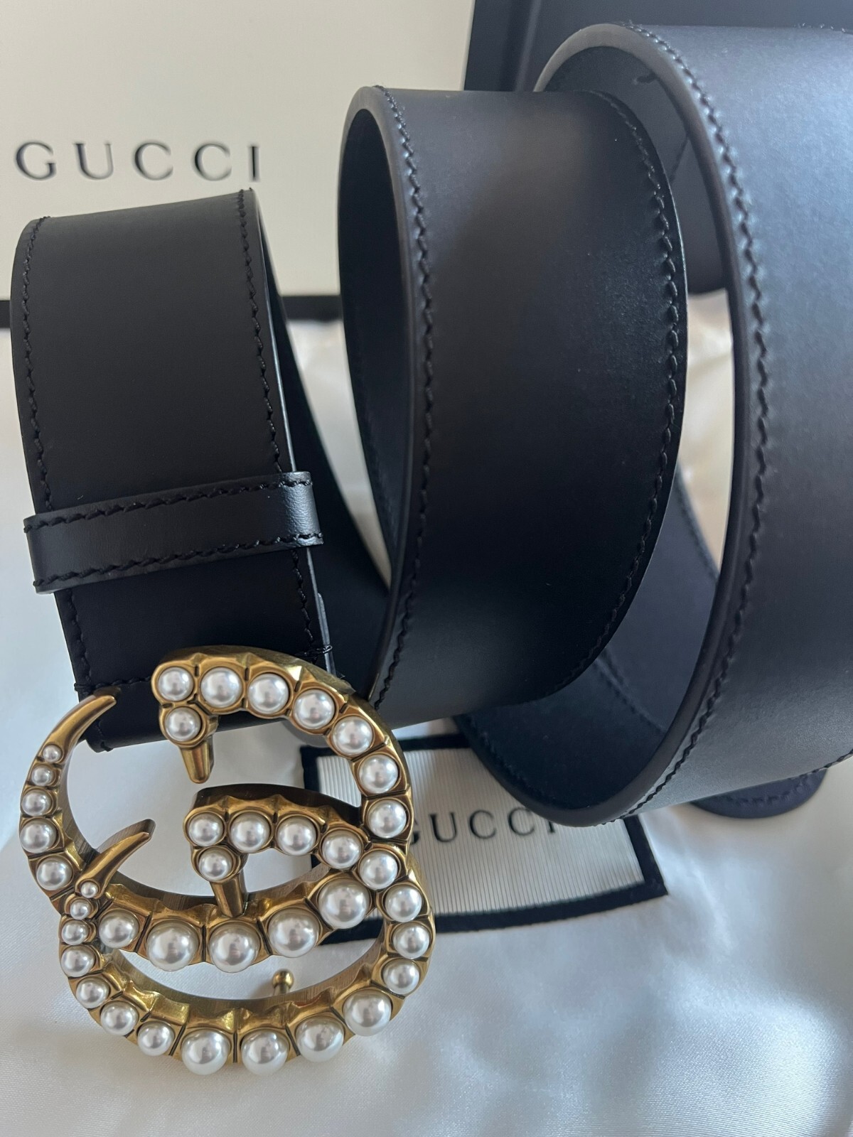 Gucci GG Pearl Buckle Black Marmont Wide Leather Belt size Gucci GG Pearl Buckle Black Marmont Wide Leather Belt size